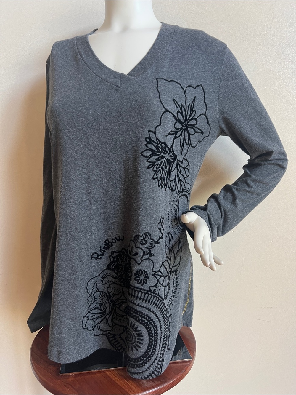 Desigual Gray V-Neck Long Sleeve Floral tee